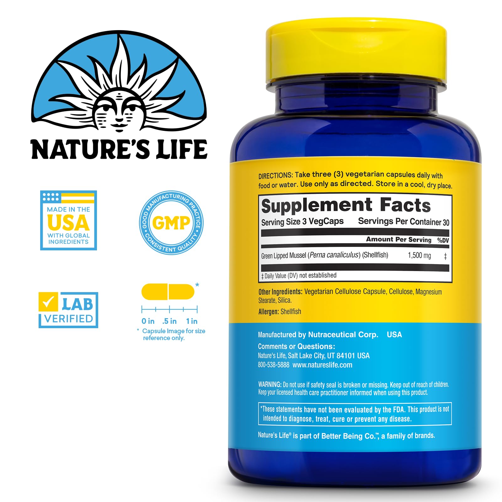 Nature's Life Mejillón Verde 1500 mg, cápsulas suaves para soporte de movilidad.