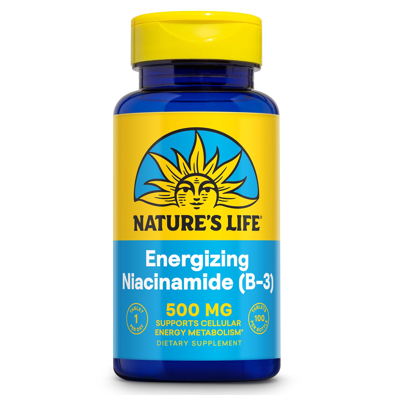 Nature's Life niacinamida 500 mg energizante: botella, suplemento para energía diaria sin enrojecimiento.