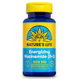 Nature's Life niacinamida 500 mg energizante: botella, suplemento para energía diaria sin enrojecimiento.