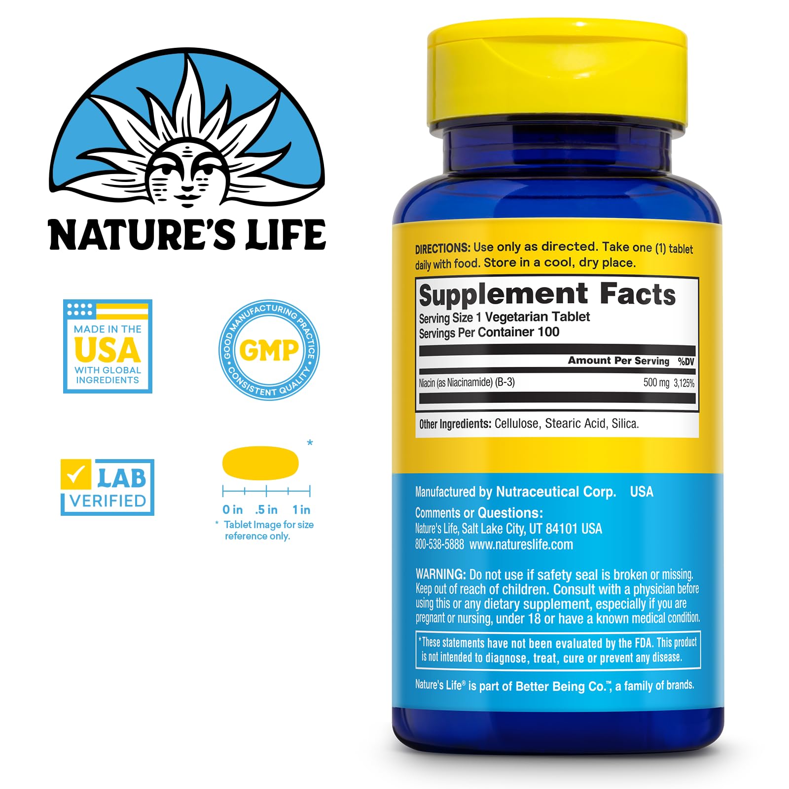 Nature's Life niacinamida 500 mg energizante: etiqueta, información de calidad y dosis.
