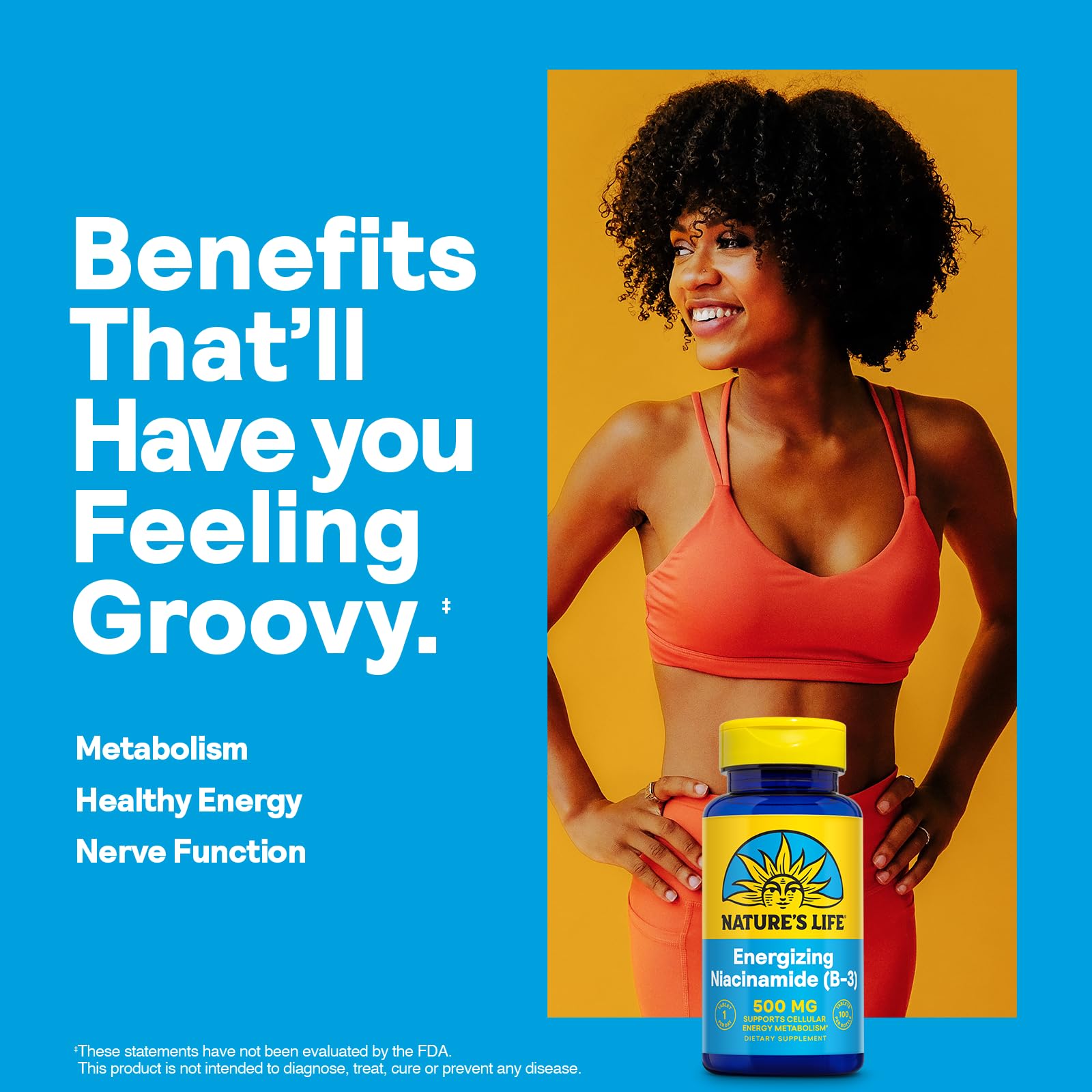 Nature's Life niacinamida 500 mg energizante: frasco, dosificación conveniente para cada día.