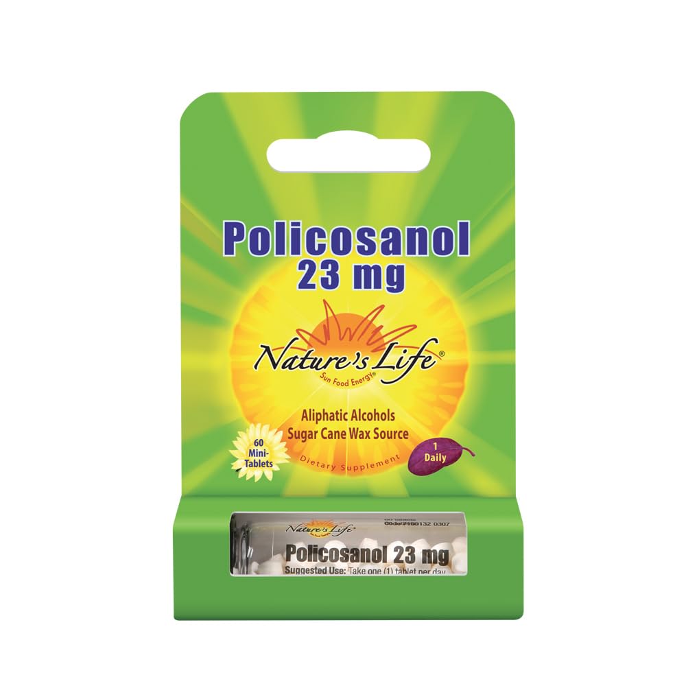 Nature's Life Policosanol 23mg botella frontal, posible apoyo a la salud cardiovascular.