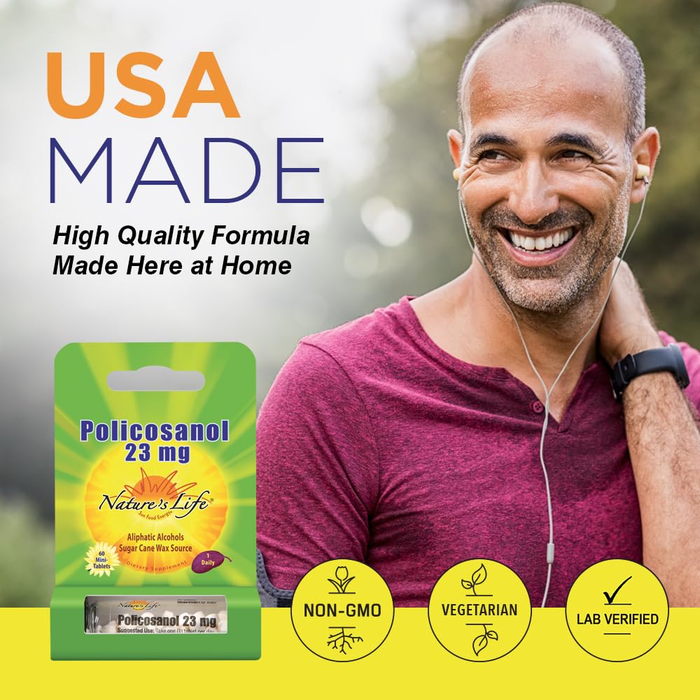 Nature's Life Policosanol 23mg envase sostenido para comodidad de consumo.