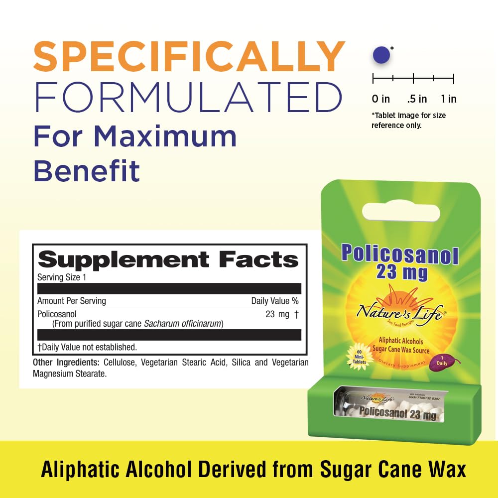Nature's Life Policosanol 23mg etiqueta detallada para información de uso diario.