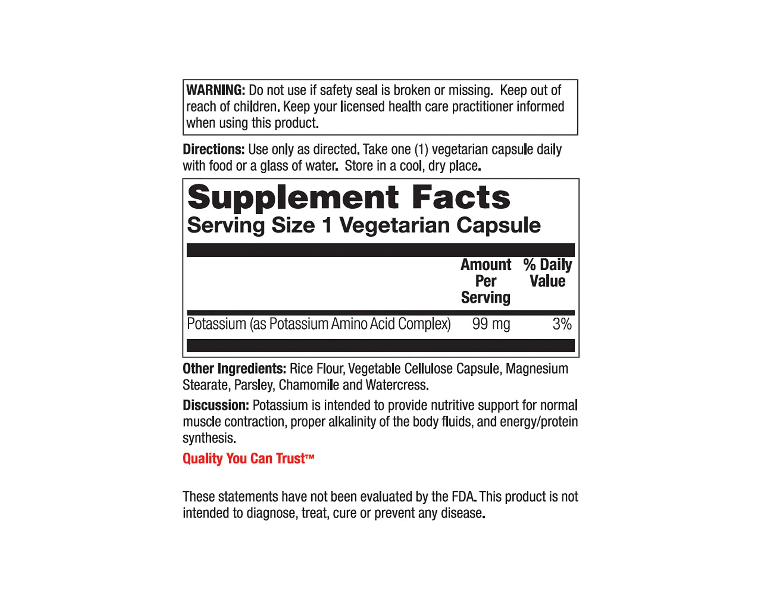 Nature's Life Potassium etiqueta del producto destacando 99 mg por porción