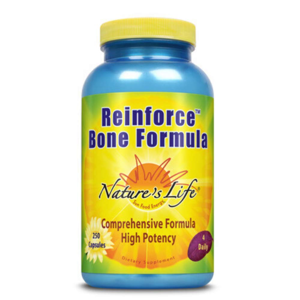 Nature's Life Reinforce Bone Formula, frasco, apoyo potencial a la salud ósea diaria.