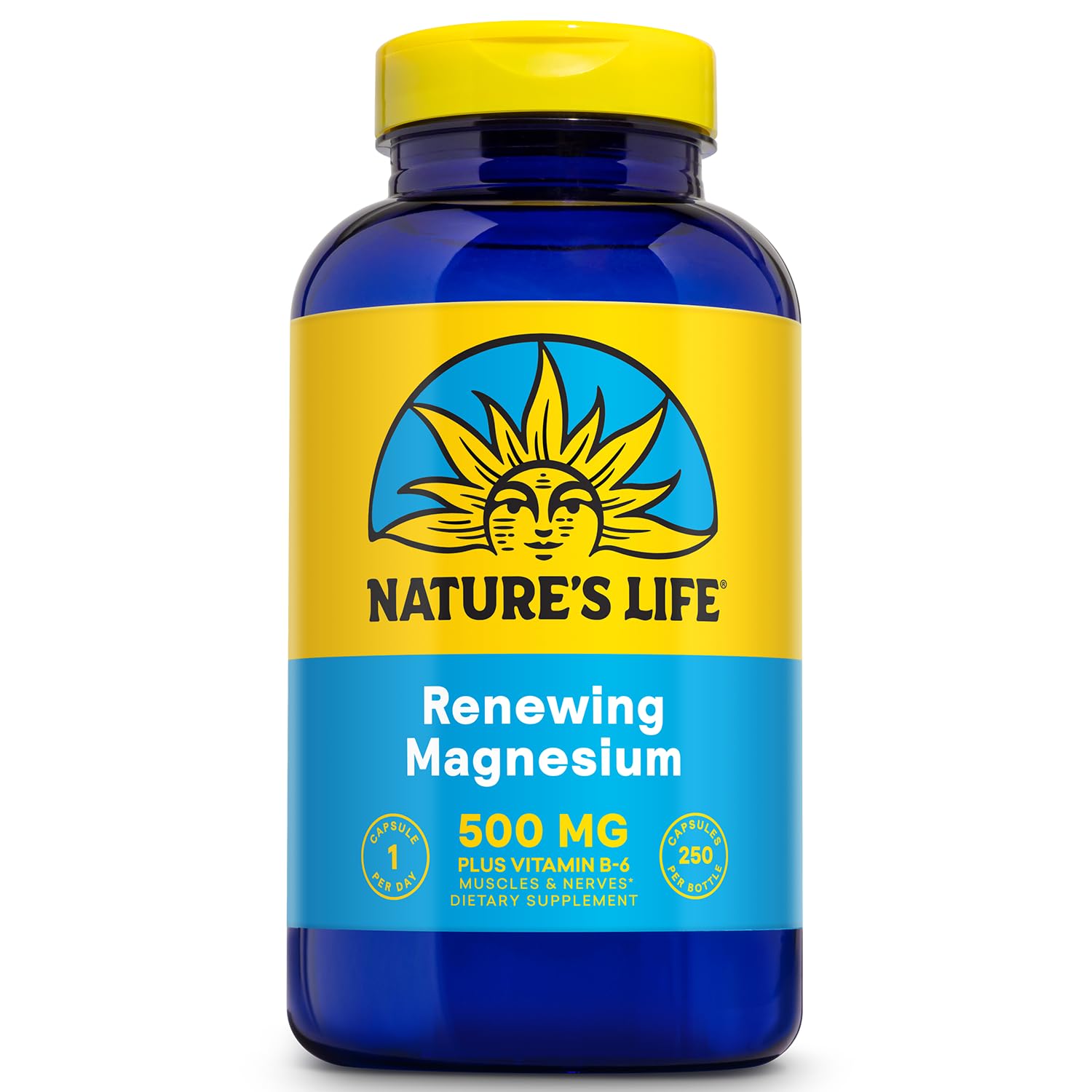 Nature's Life Renewing Magnesium 500 mg, cápsulas suaves para apoyo muscular.