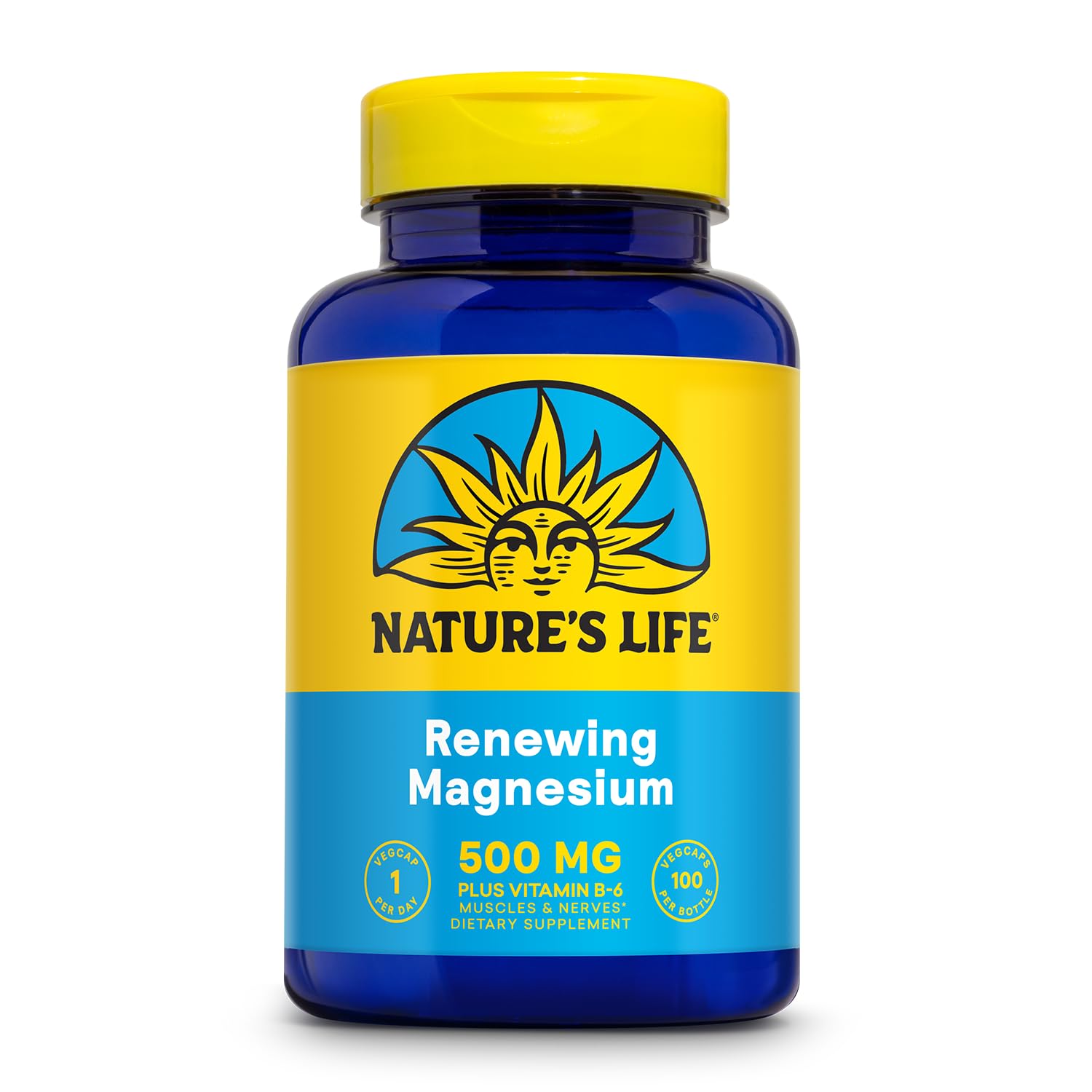 Nature's Life Renewing Magnesium 500 mg: etiqueta de la botella y calidad visible para el día a día.