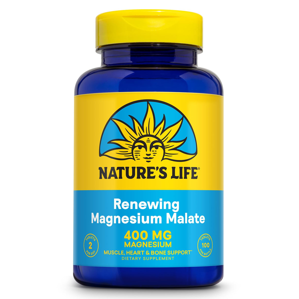 Nature's Life Renewing Magnesium Malate 400 mg, botella visible, soporte para músculos y huesos.
