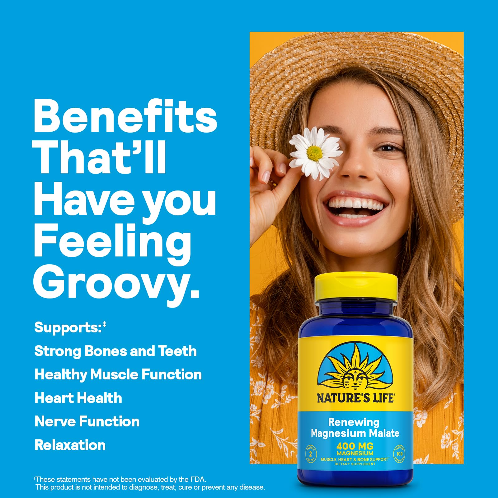 Etiqueta de Nature's Life Renewing Magnesium Malate 400 mg para claridad y pureza del producto.
