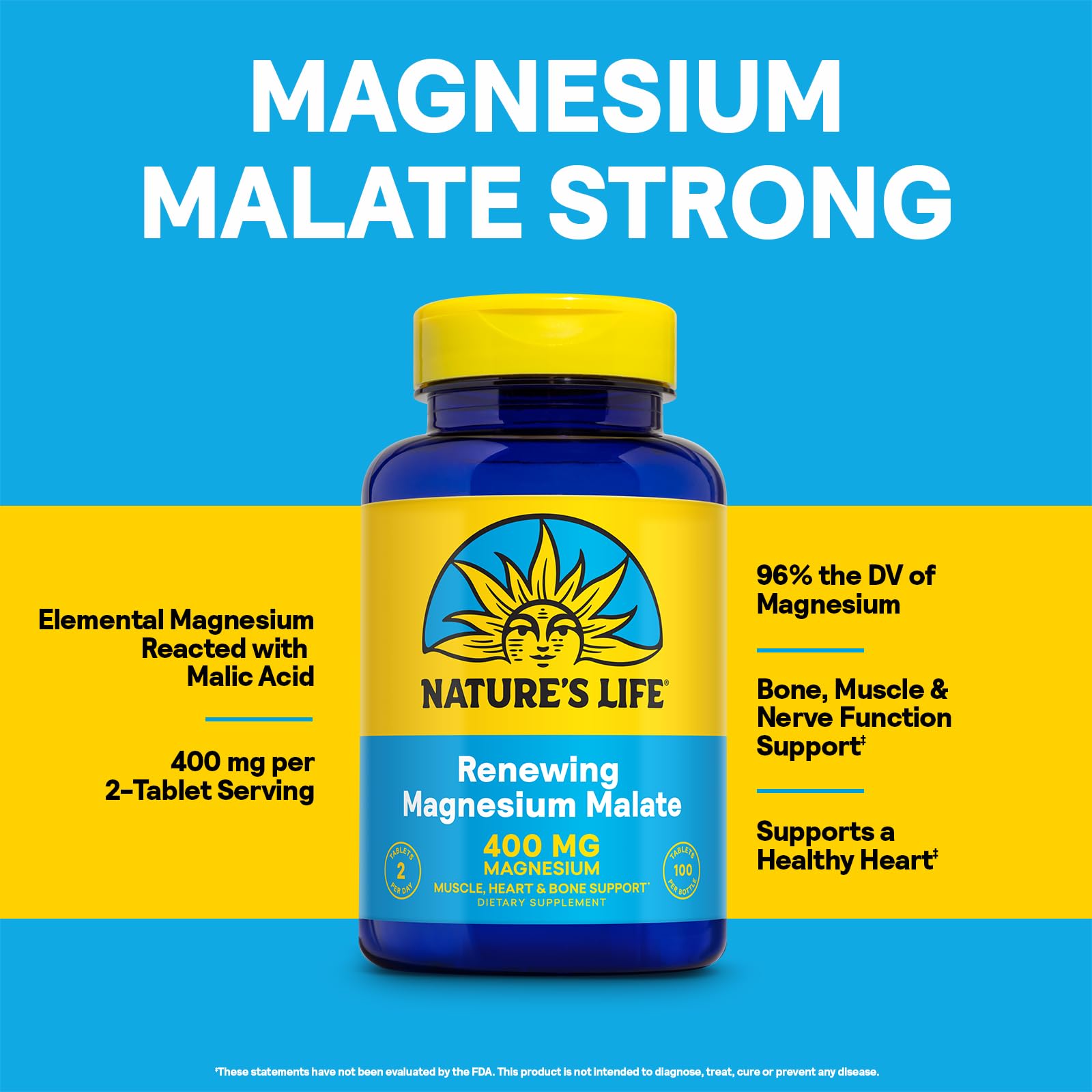 Nature's Life Renewing Magnesium Malate 400 mg, uso diario para bienestar muscular.