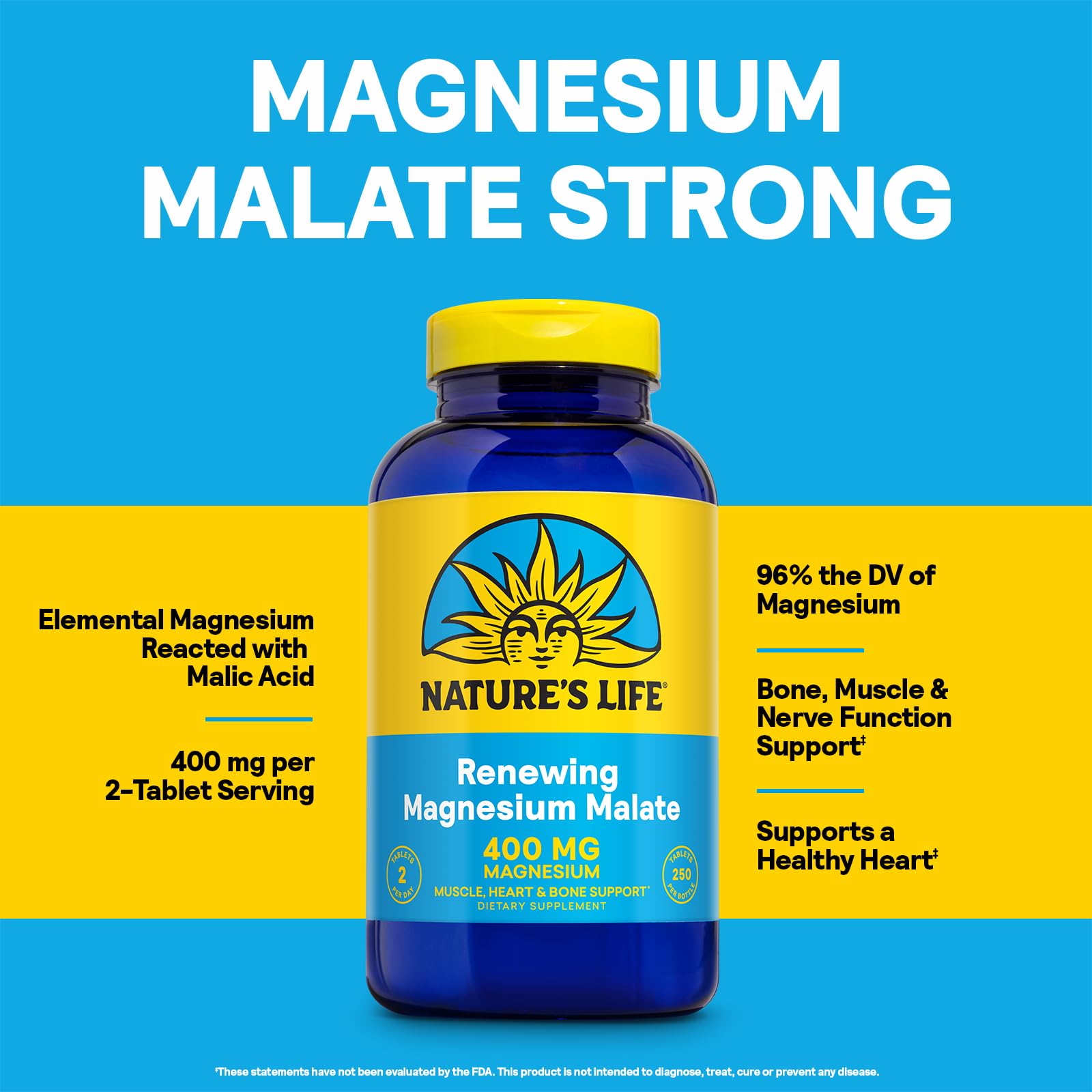 Caja exterior de Nature's Life Renewing Magnesium Malate, información de pureza y calidad.