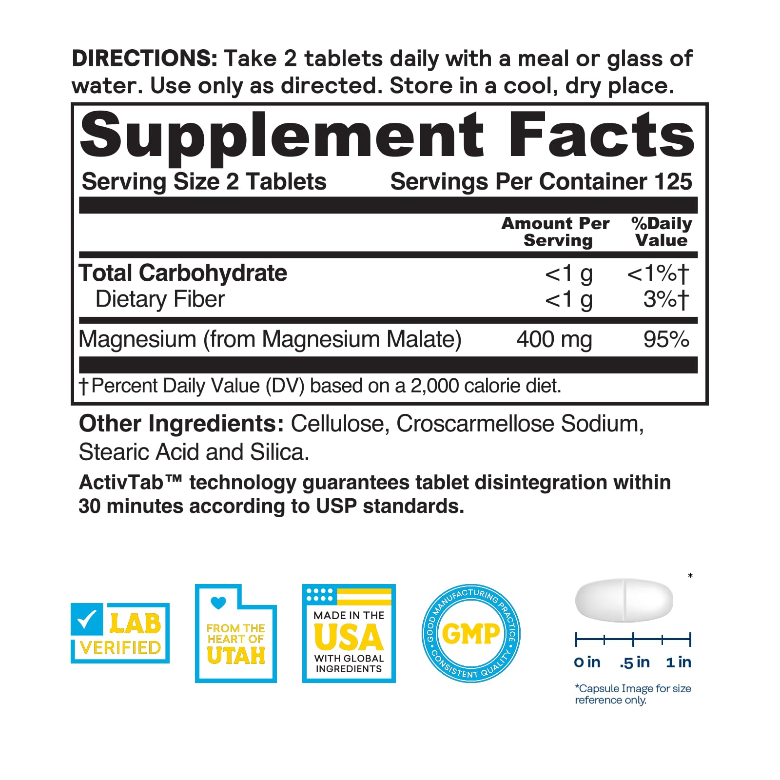 Etiqueta de Nature's Life Renewing Magnesium Malate con dosis diaria sugerida.