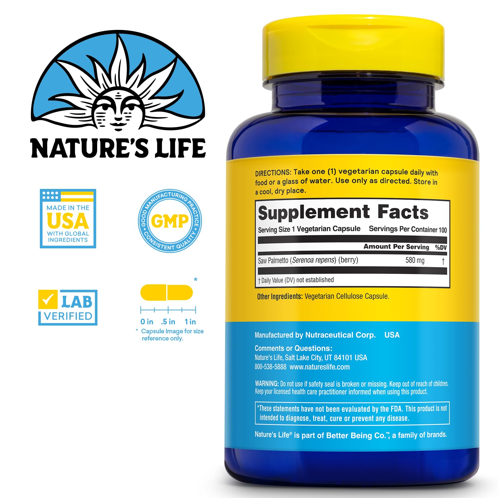 Nature's Life Saw Palmetto para hombres: frasco compacto de cápsulas