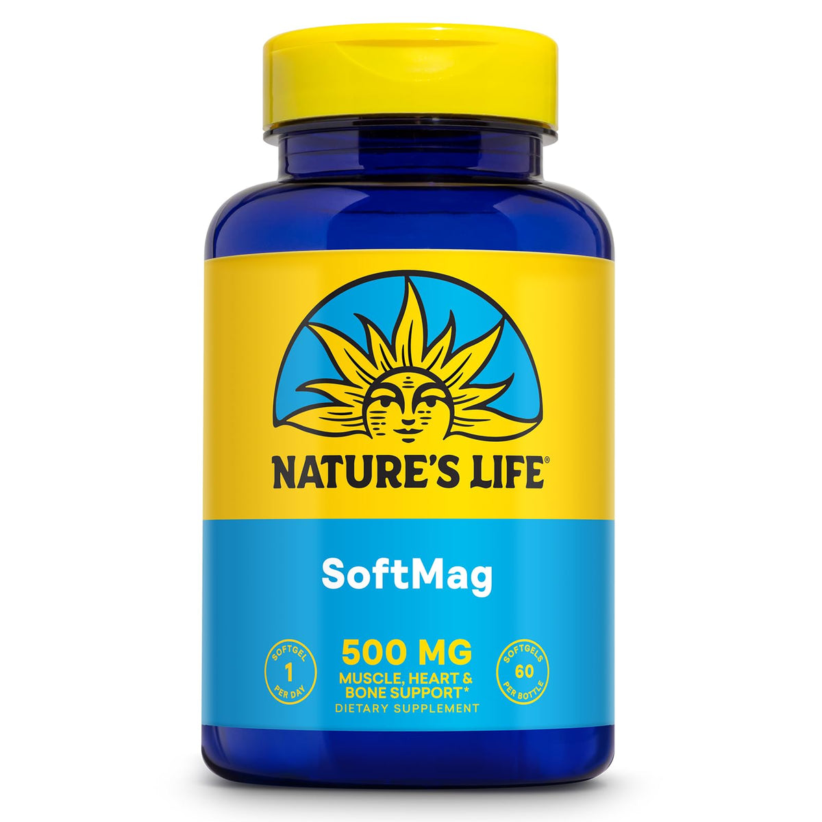 Nature's Life SoftMag botella de 500 mg, cápsulas suaves para uso diario.