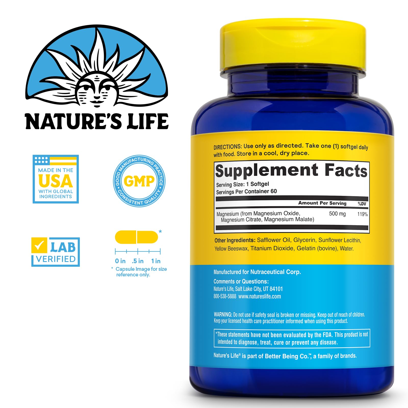Nature's Life SoftMag cápsulas blandas, fáciles de tragar para ingesta diaria sin esfuerzo.