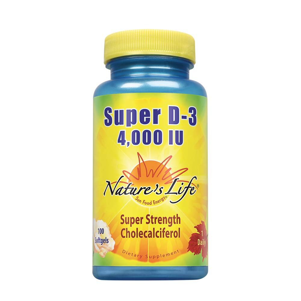 Nature's Life Super D-3 4000 UI, botella con etiqueta, apoyo a dientes y huesos sanos.