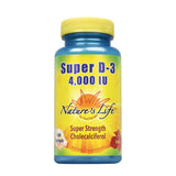 Nature's Life Super D-3 4000 UI, botella con etiqueta, apoyo a dientes y huesos sanos.