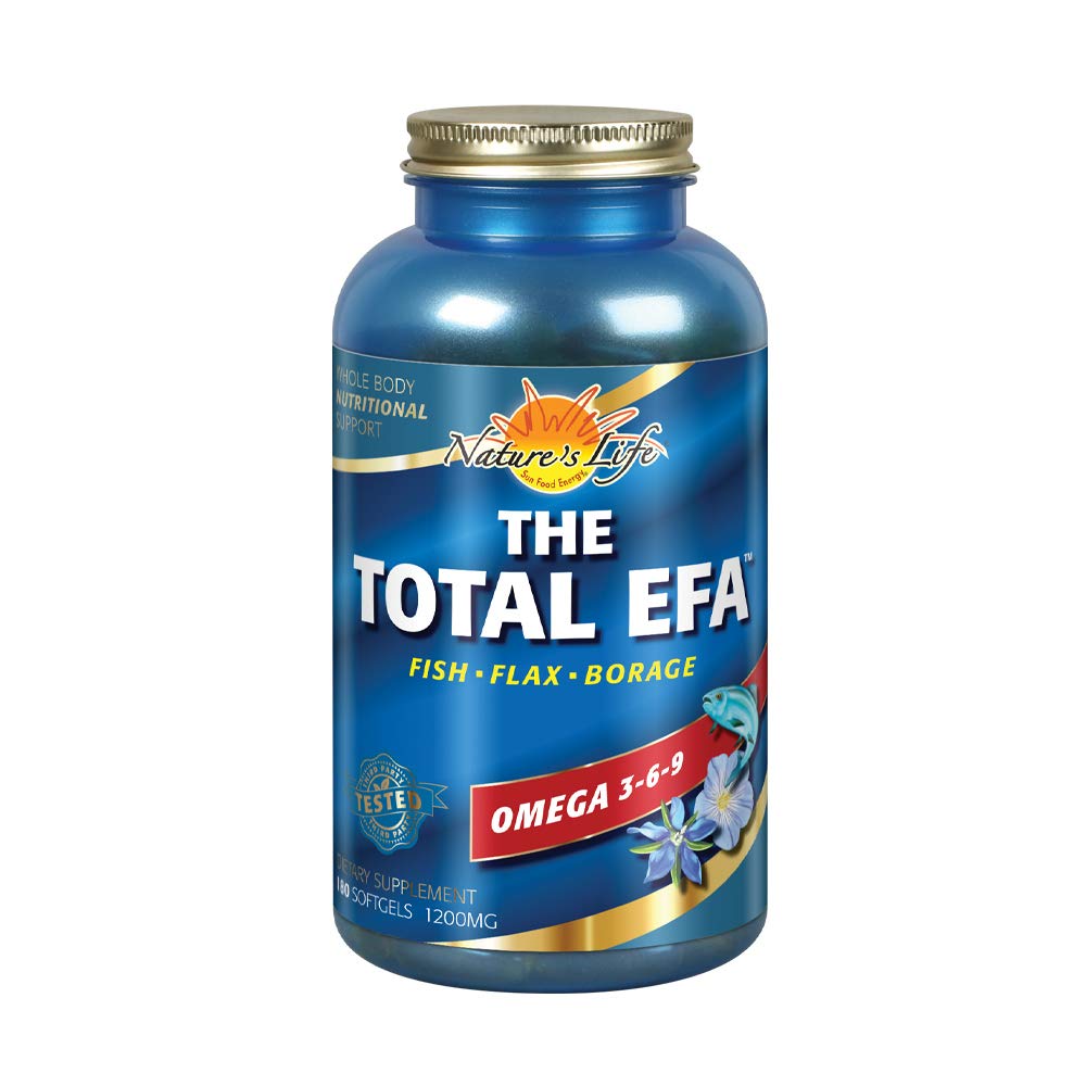 Nature's Life Total EFA, botella de aceite de pescado, enfoque en pureza y omega 3.