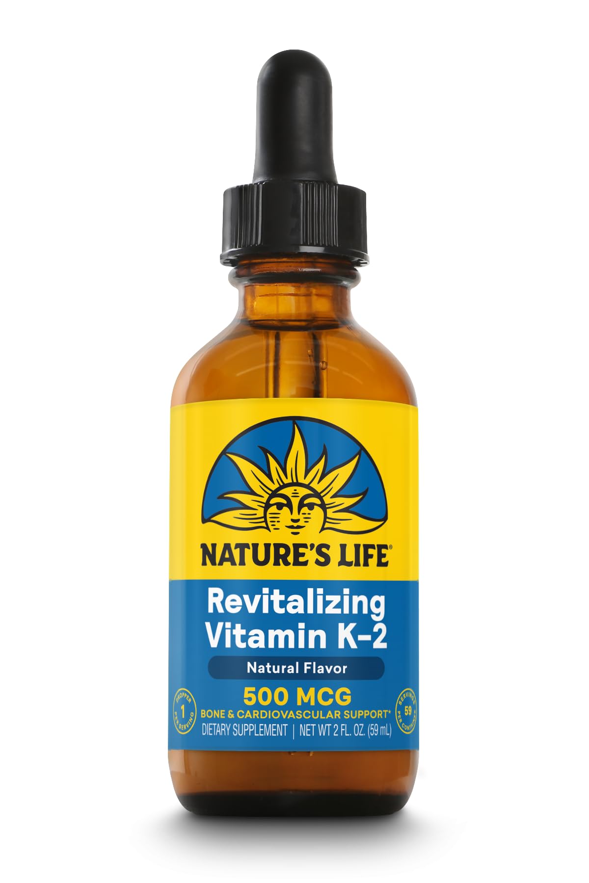 Nature's Life Vitamina K2 MK7 Drops – botella en mano, complemento diario, sabor arándano.