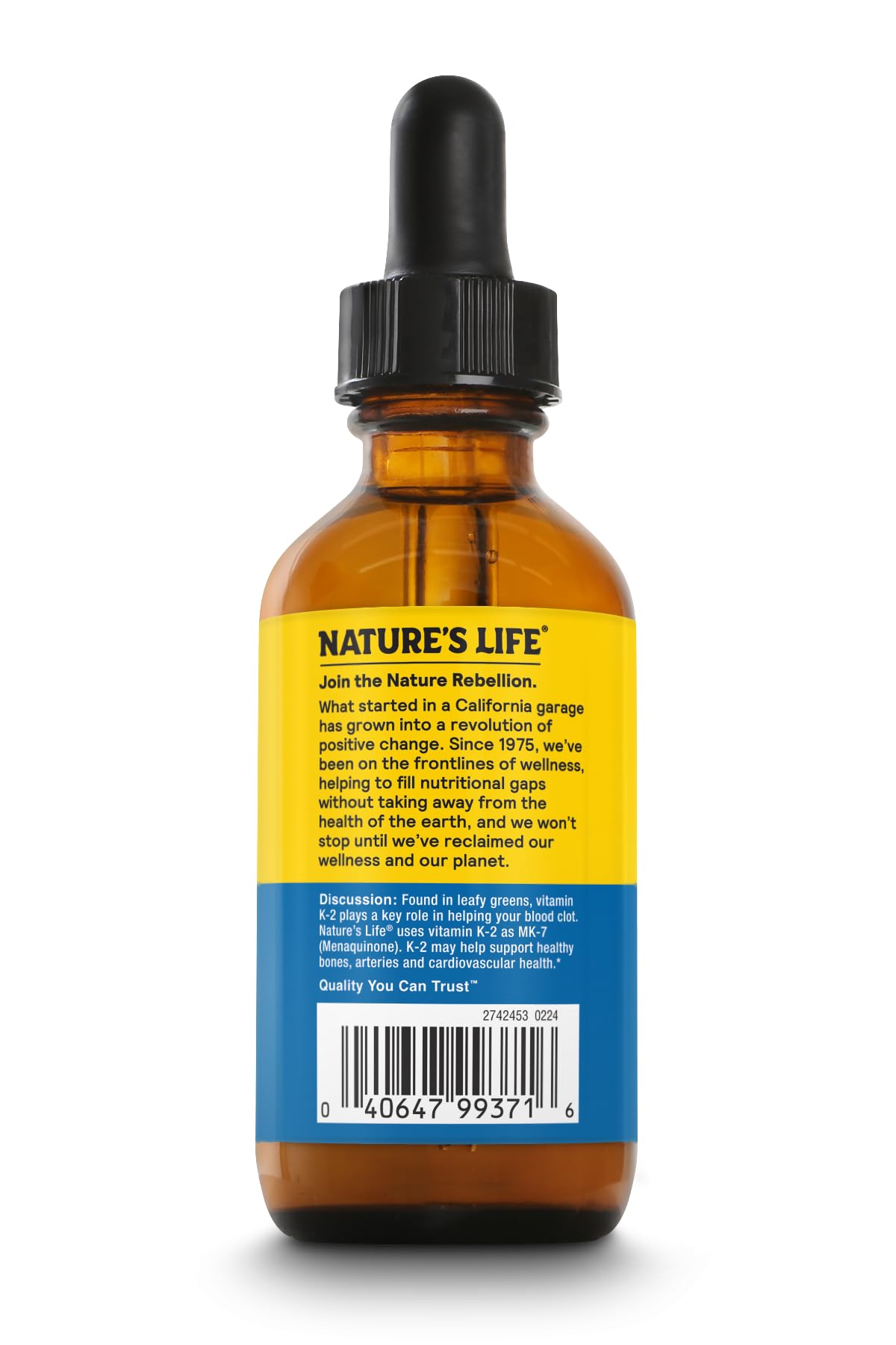 Nature's Life Vitamina K2 MK7 Drops – etiqueta azul, sabor arándano, uso diario.
