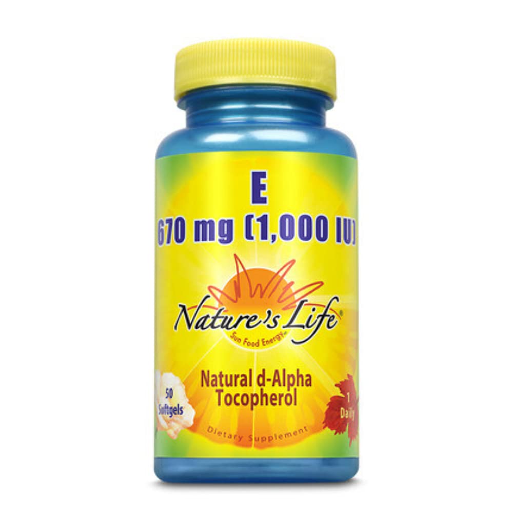 Nature's Life Vitamina E 1000 UI, botella, apoyo antioxidante diario y cuidado de la piel.
