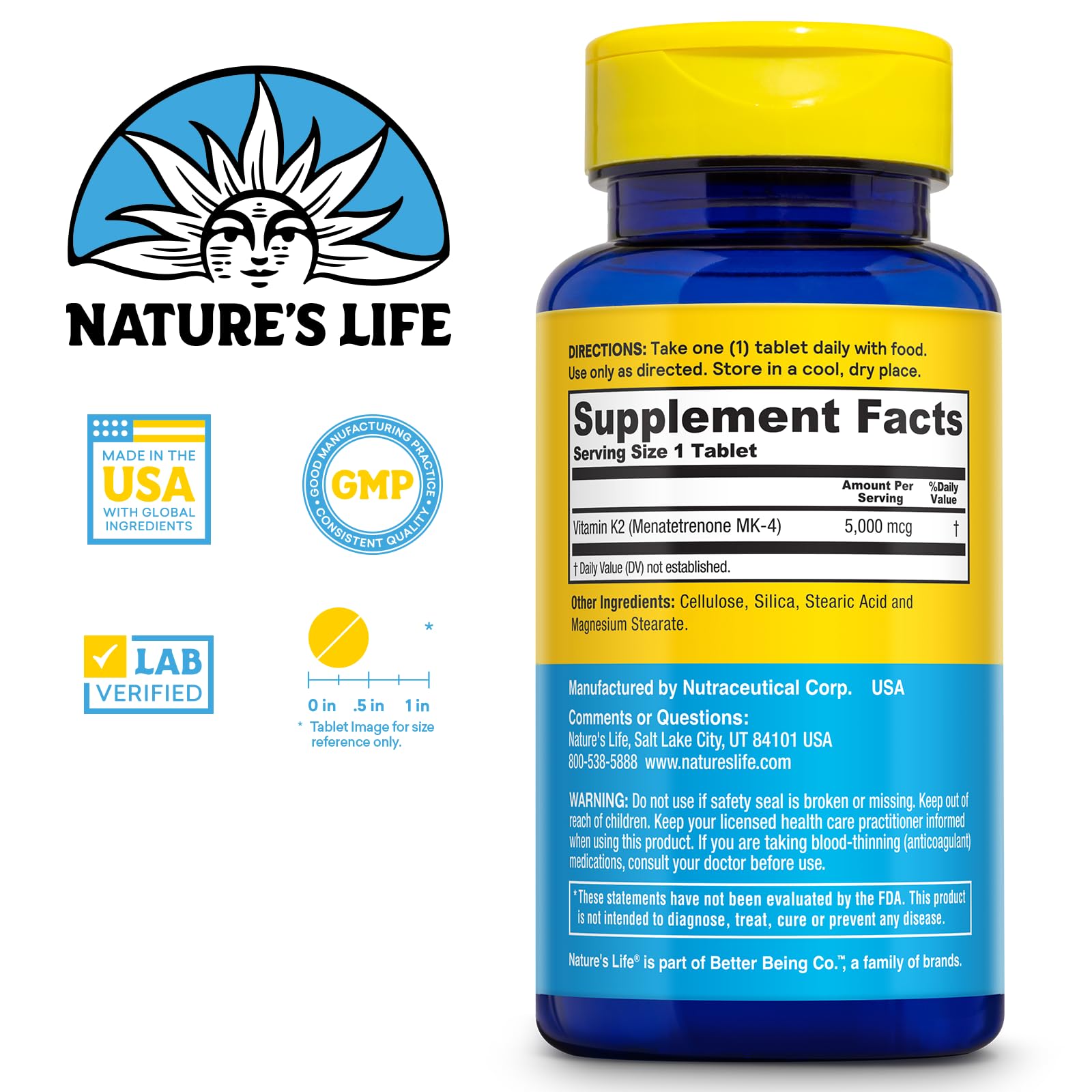 Nature's Life Vitamina K2, comprimidos, dosis alta para huesos y dientes