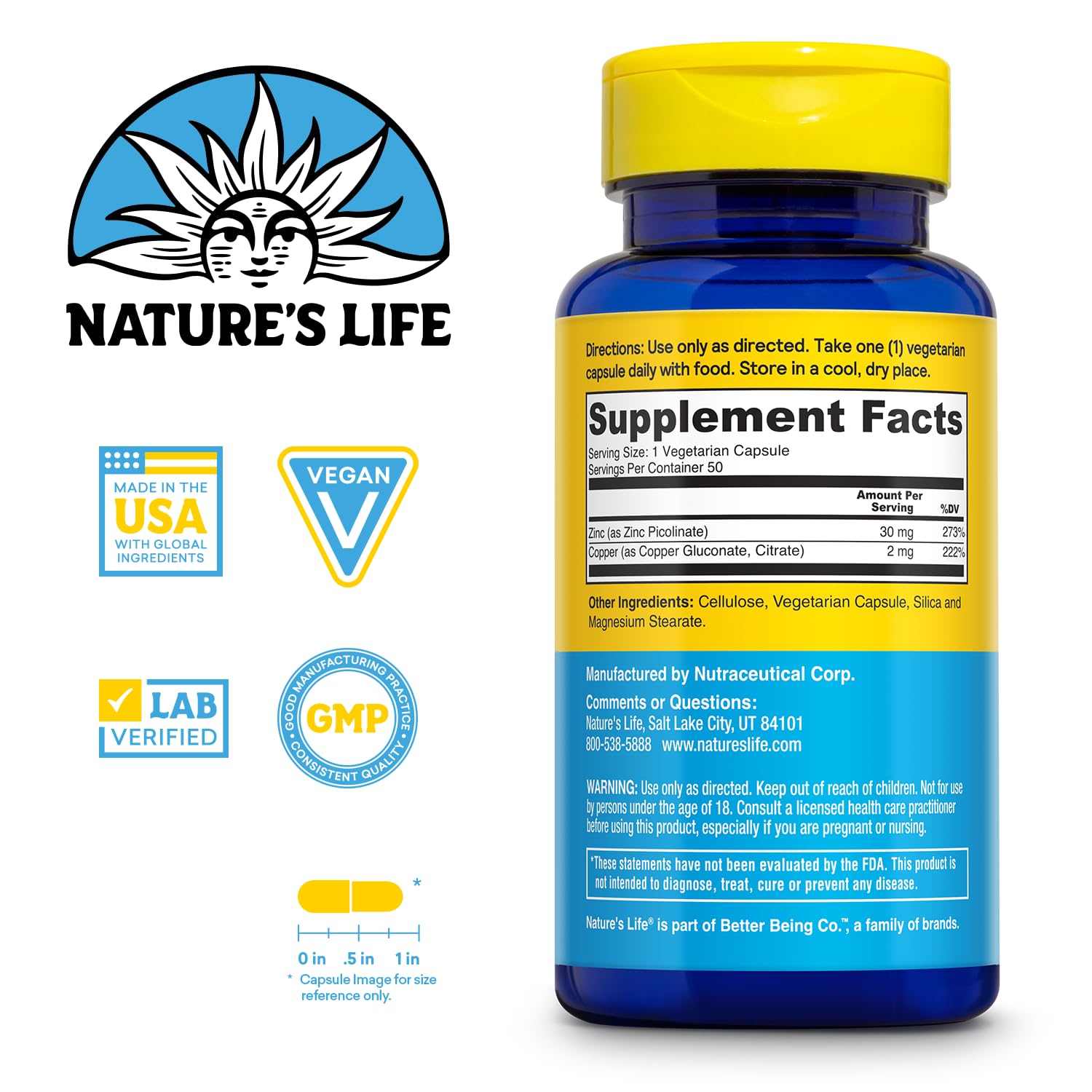 Nature's Life Zinc Picolinato 30mg con cobre 2mg en cartón, conveniencia de almacenamiento