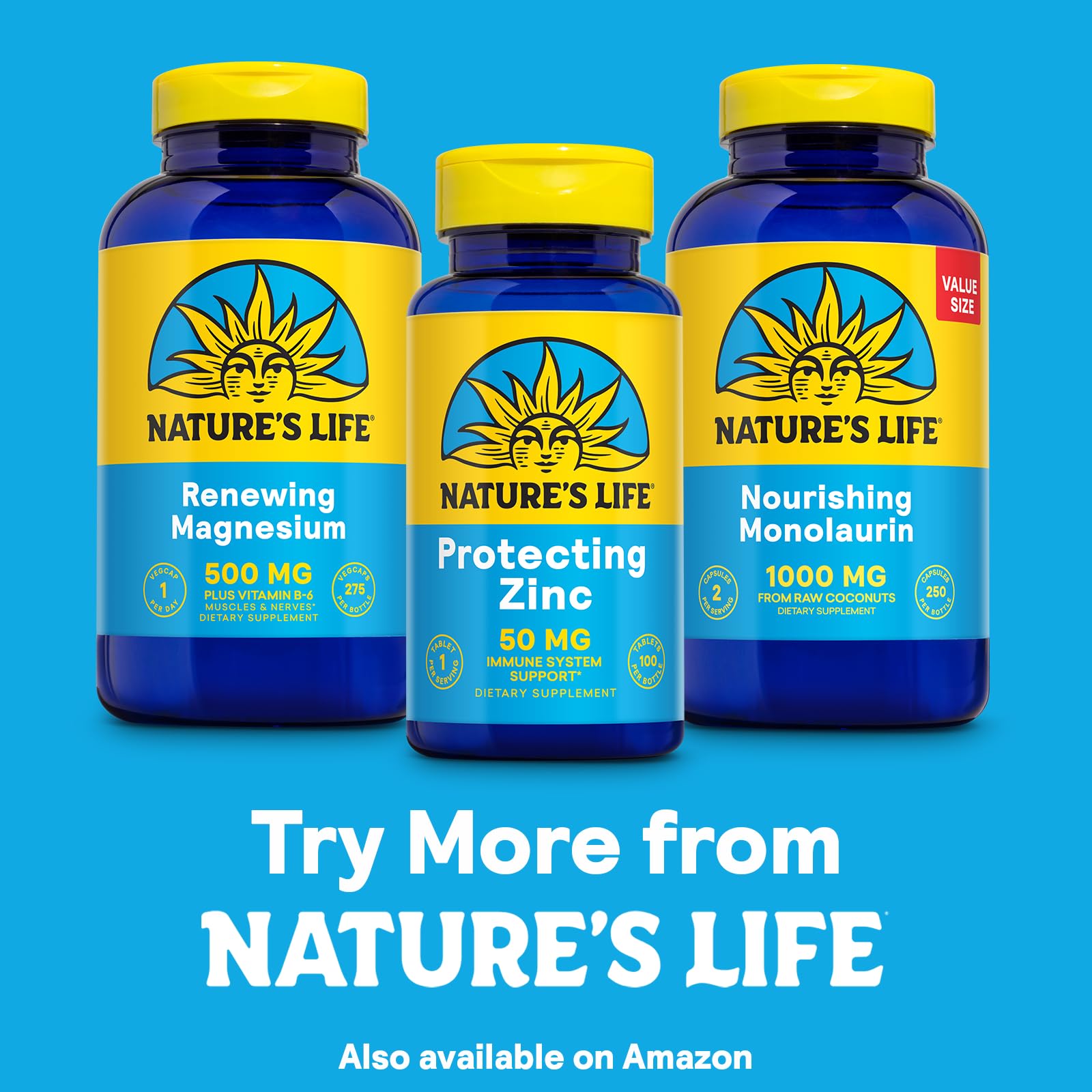 Nature's Life zinc protector envase junto a alimentos saludables, fomenta adherencia diaria.