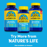 Nature's Life zinc protector envase junto a alimentos saludables, fomenta adherencia diaria.