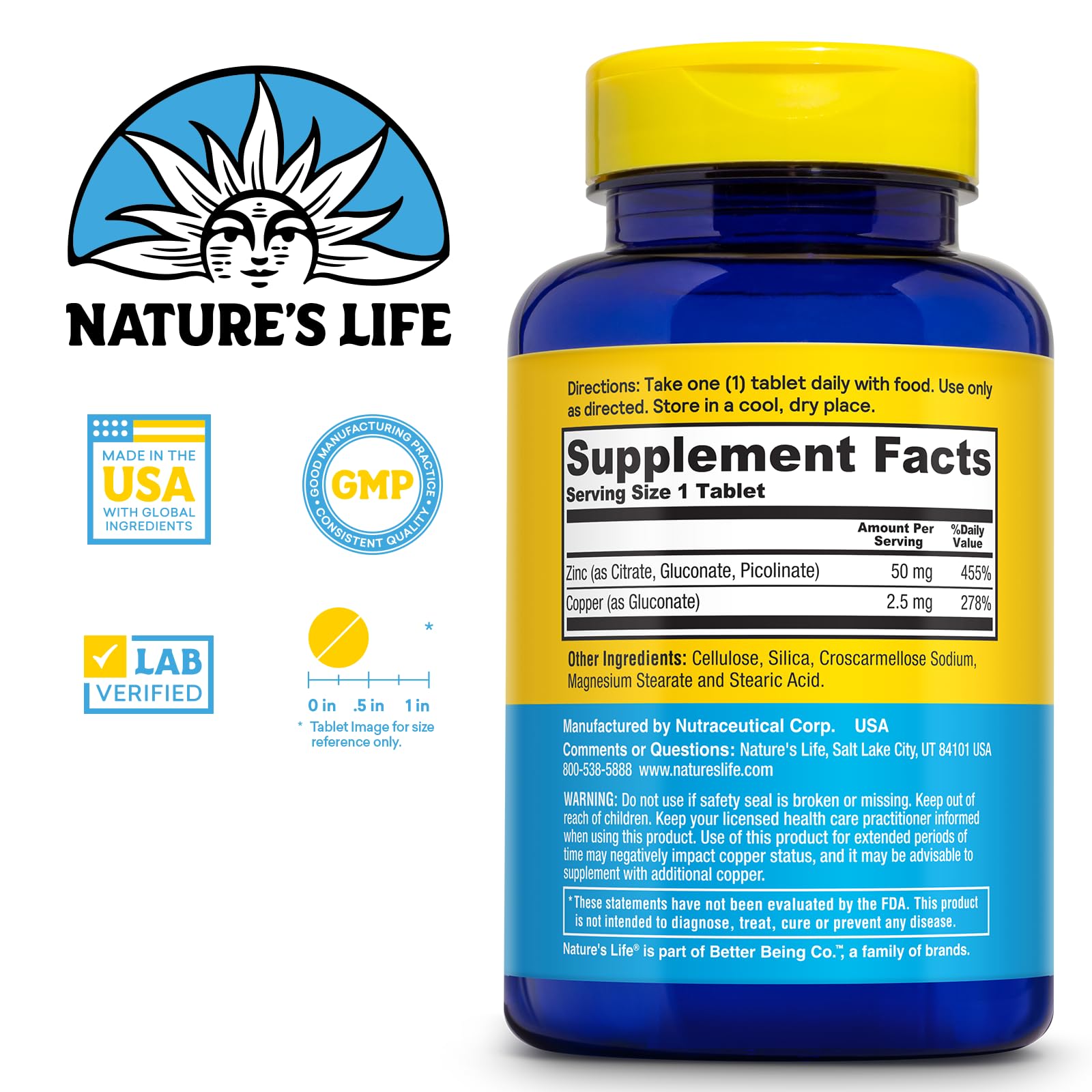Nature's Life Zinc Protegido 50 mg, tabletas fáciles de tragar para salud general.