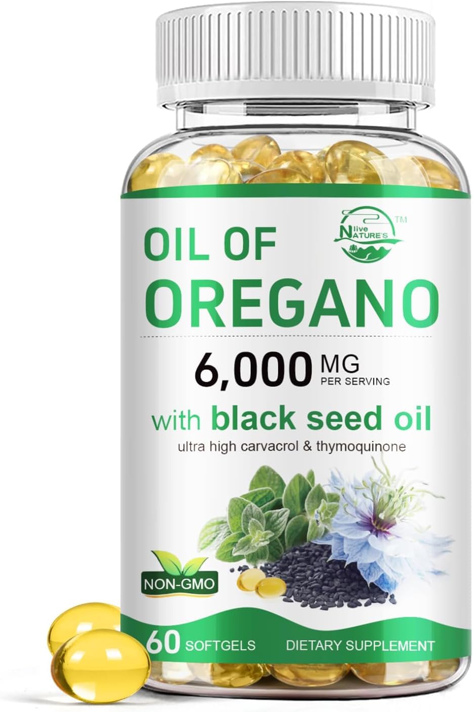 Nature's live Aceite de orégano con semilla negra, vista frontal, apoyo natural a la inmunidad