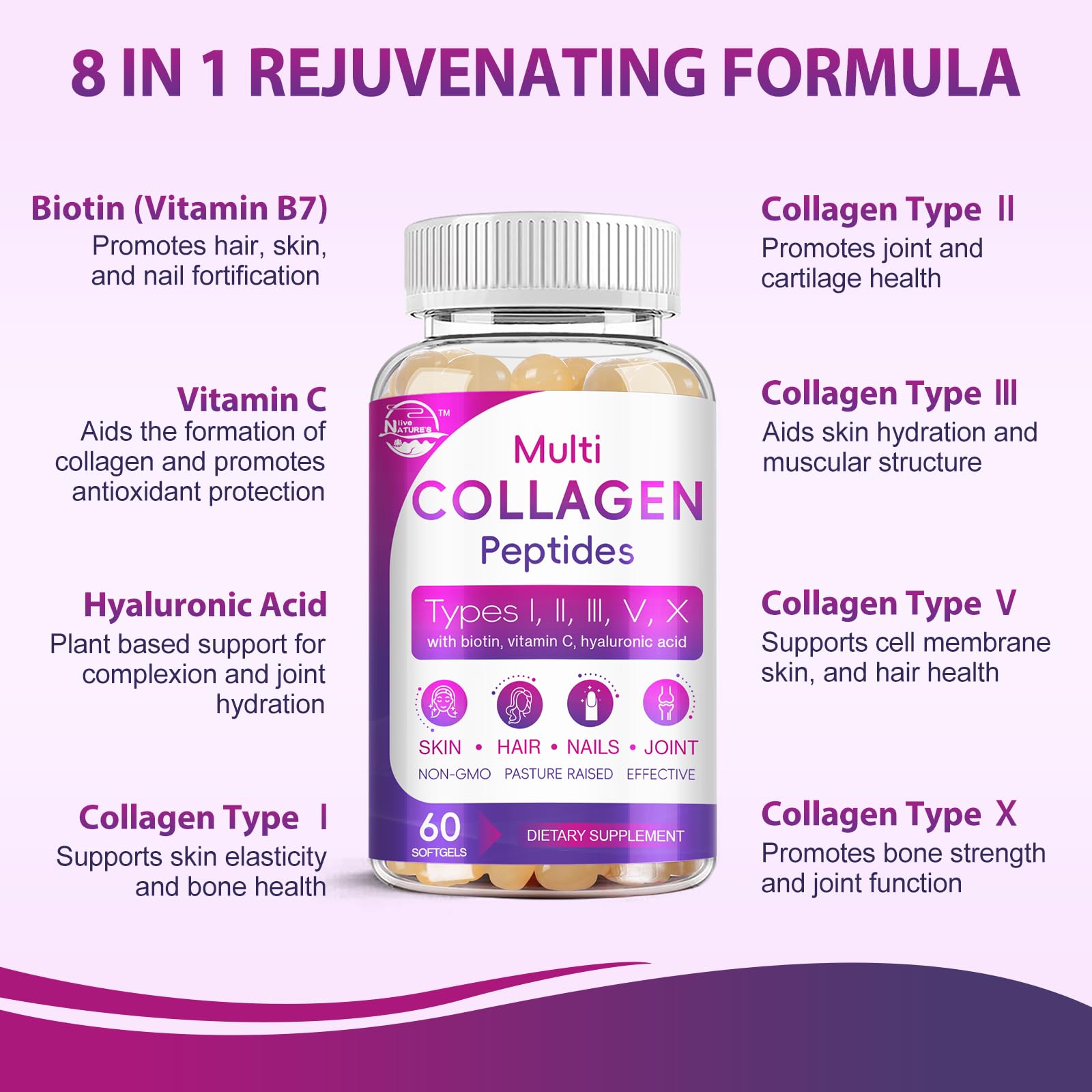 Nature's live biotina, vitamina C y ácido hialurónico para soporte de belleza.