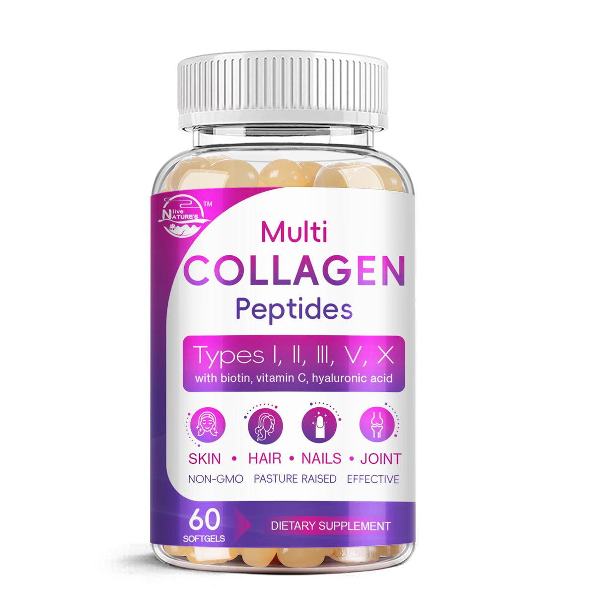 Nature's live multicollageno: cápsulas blandas para nutrición de piel, cabello y uñas.