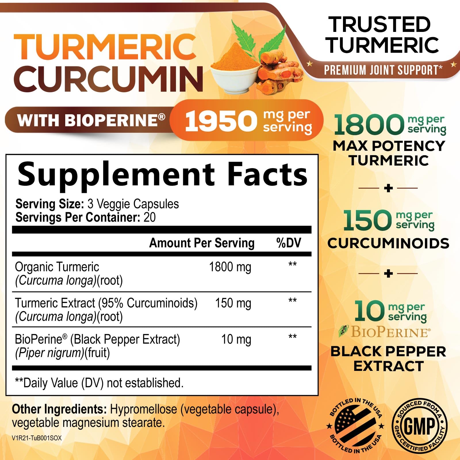 Nature's Nutrition 95% curcuminoides, cápsulas, primer plano para mayor absorción