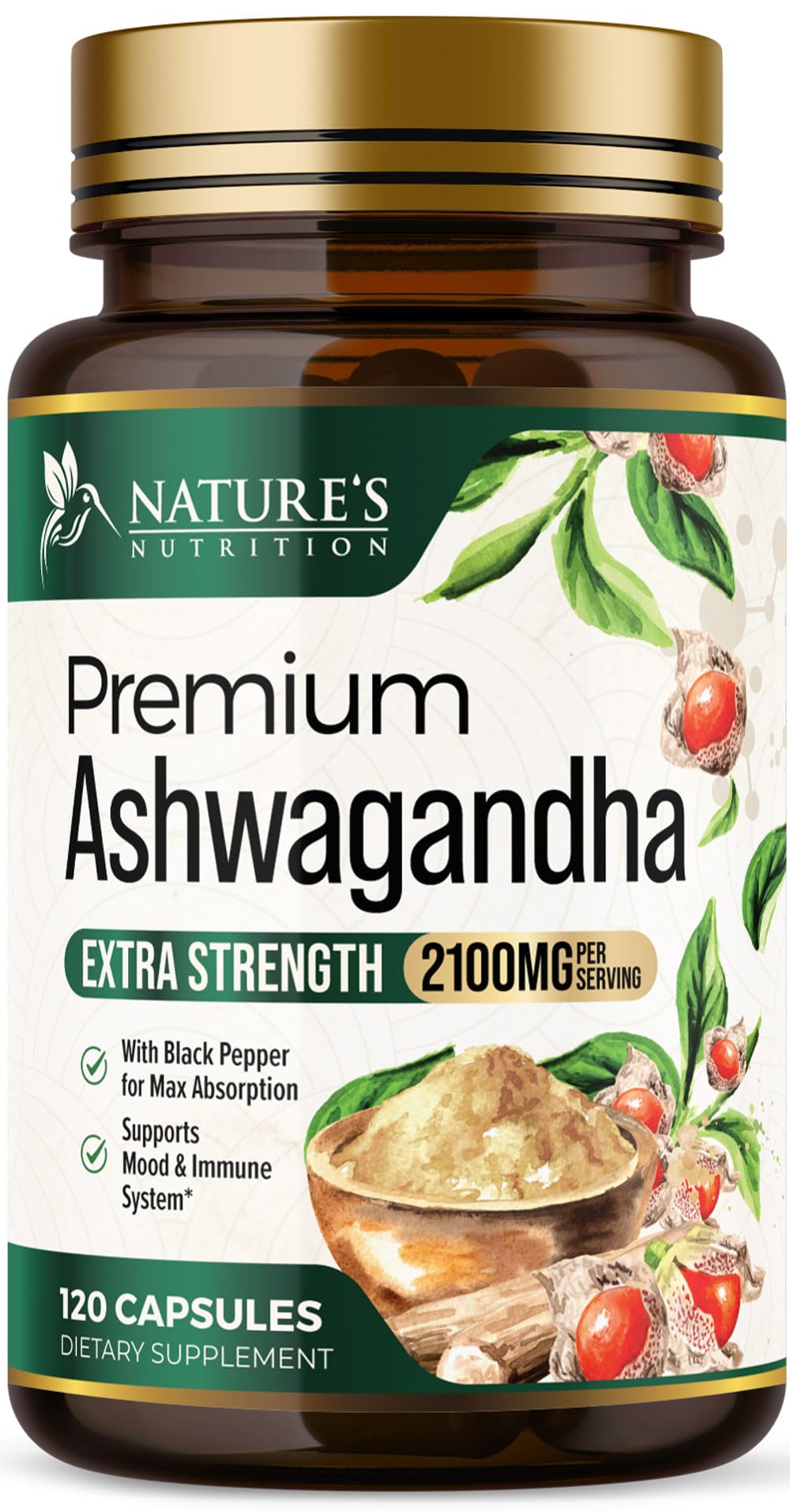 Nature's Nutrition Ashwagandha: cápsulas veganas para apoyo al bienestar diario.