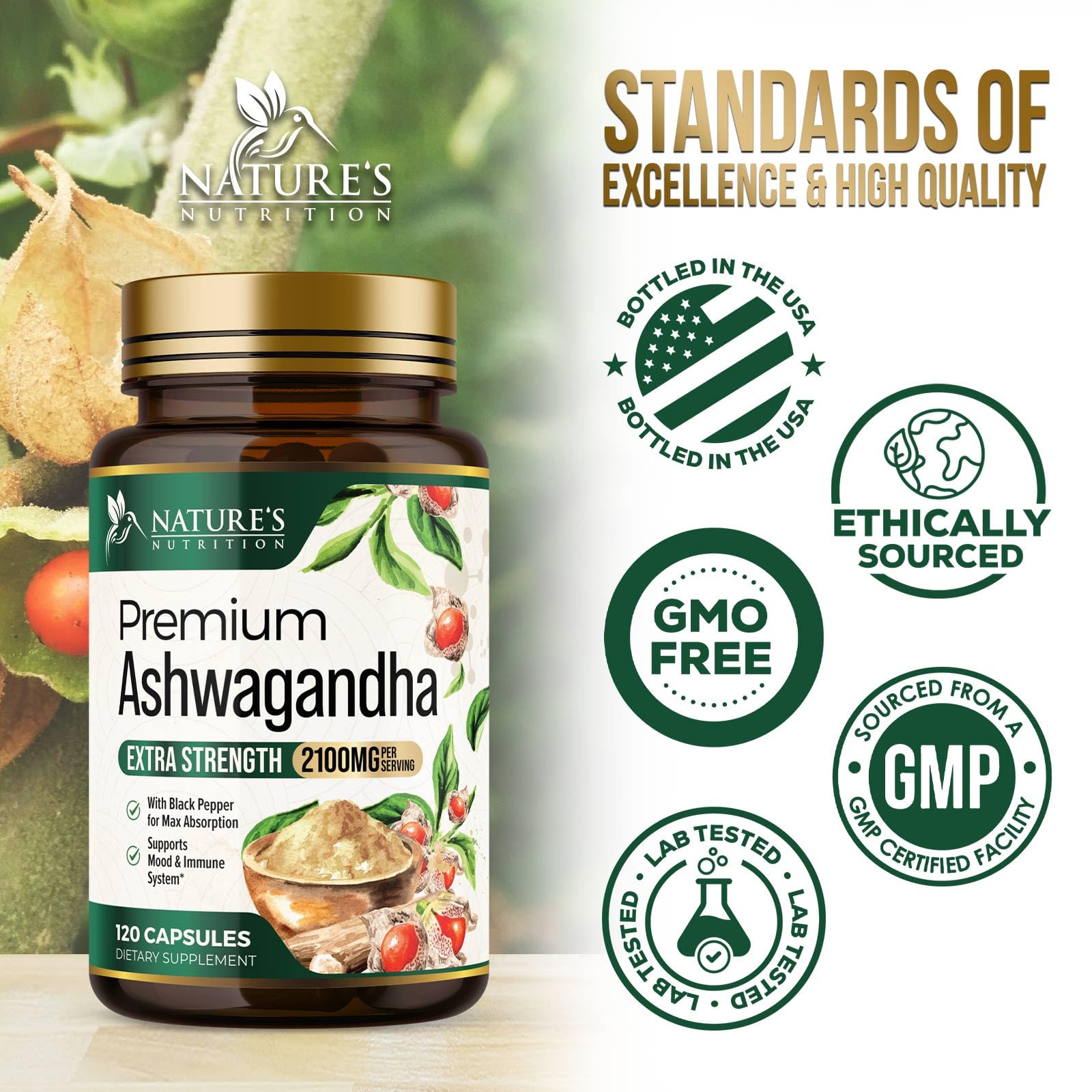 Nature's Nutrition Ashwagandha: etiqueta con información clara del producto.