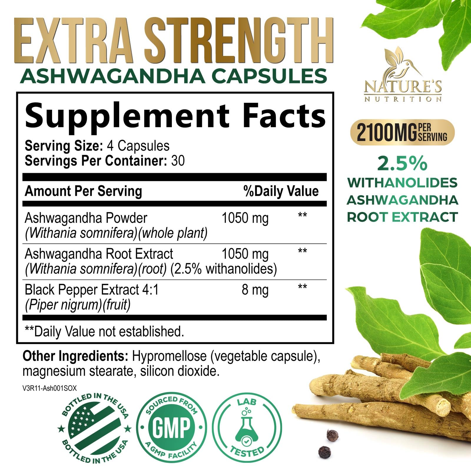 Nature's Nutrition Ashwagandha: extracto de raíz para calma natural en cualquier momento.