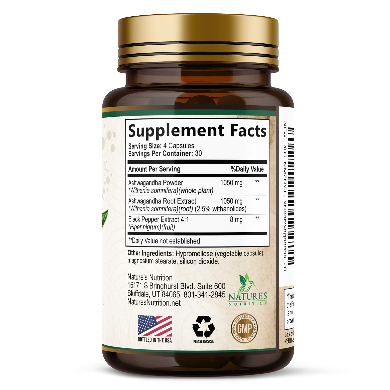 Nature's Nutrition Ashwagandha: frasco estadounidense listo para uso diario.
