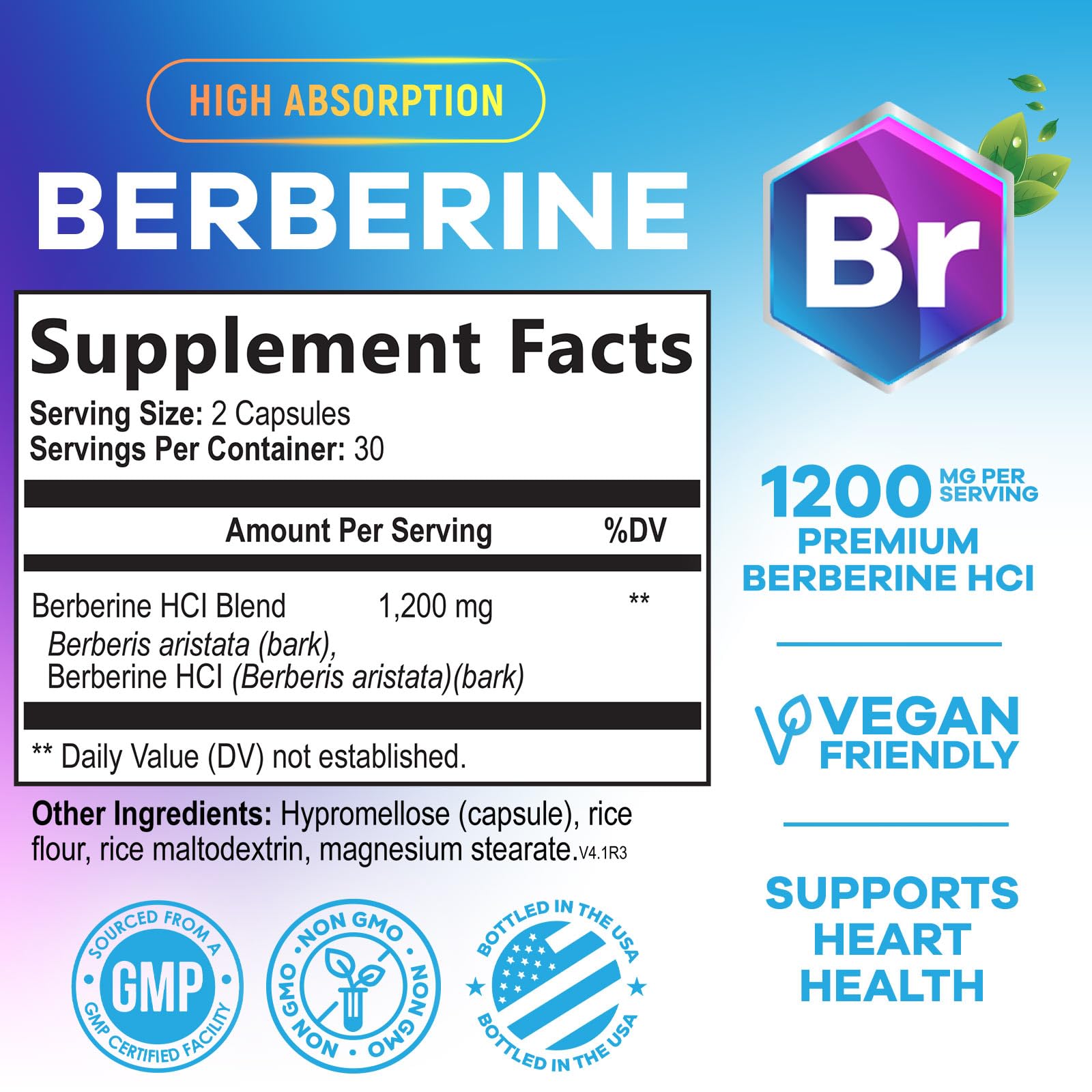 Etiqueta del frasco Nature's Nutrition Berberina HCL Blend con información clara.