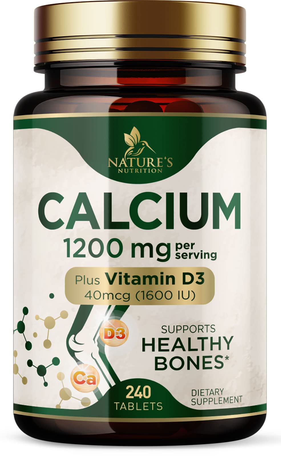 Nature's Nutrition Calcio 1200 mg con D3, botella visible para apoyo óseo