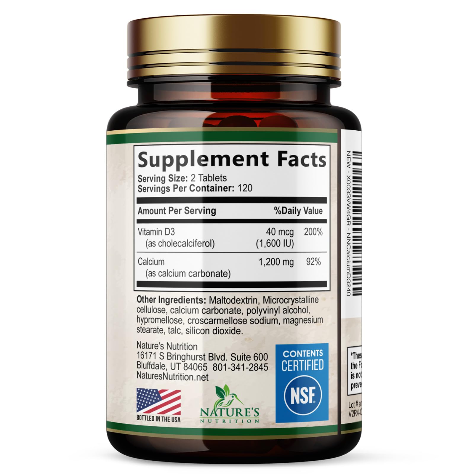 Nature's Nutrition Calcio 1200 mg con D3, detalle de empaque