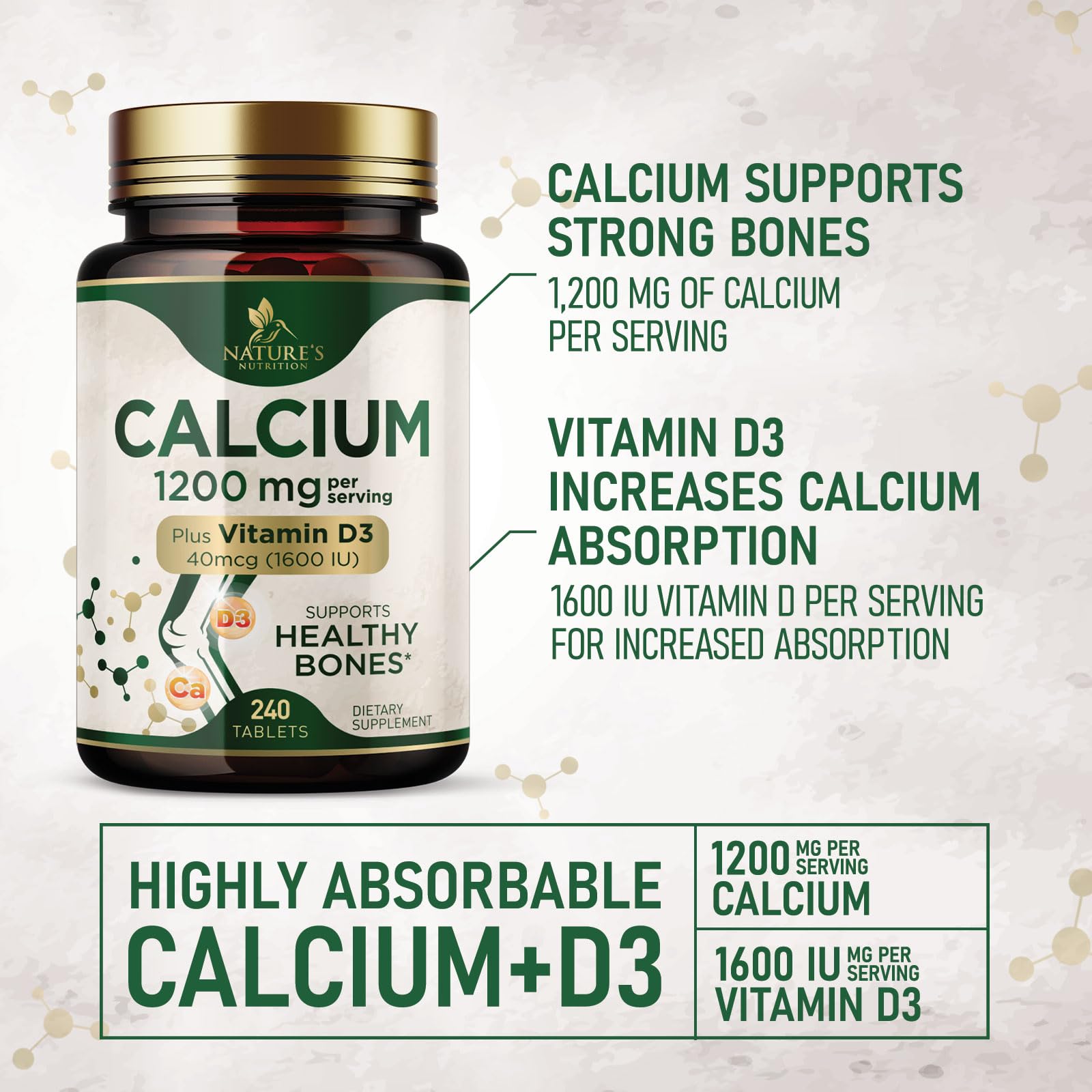 Nature's Nutrition Calcio 1200 mg con D3, etiqueta frontal