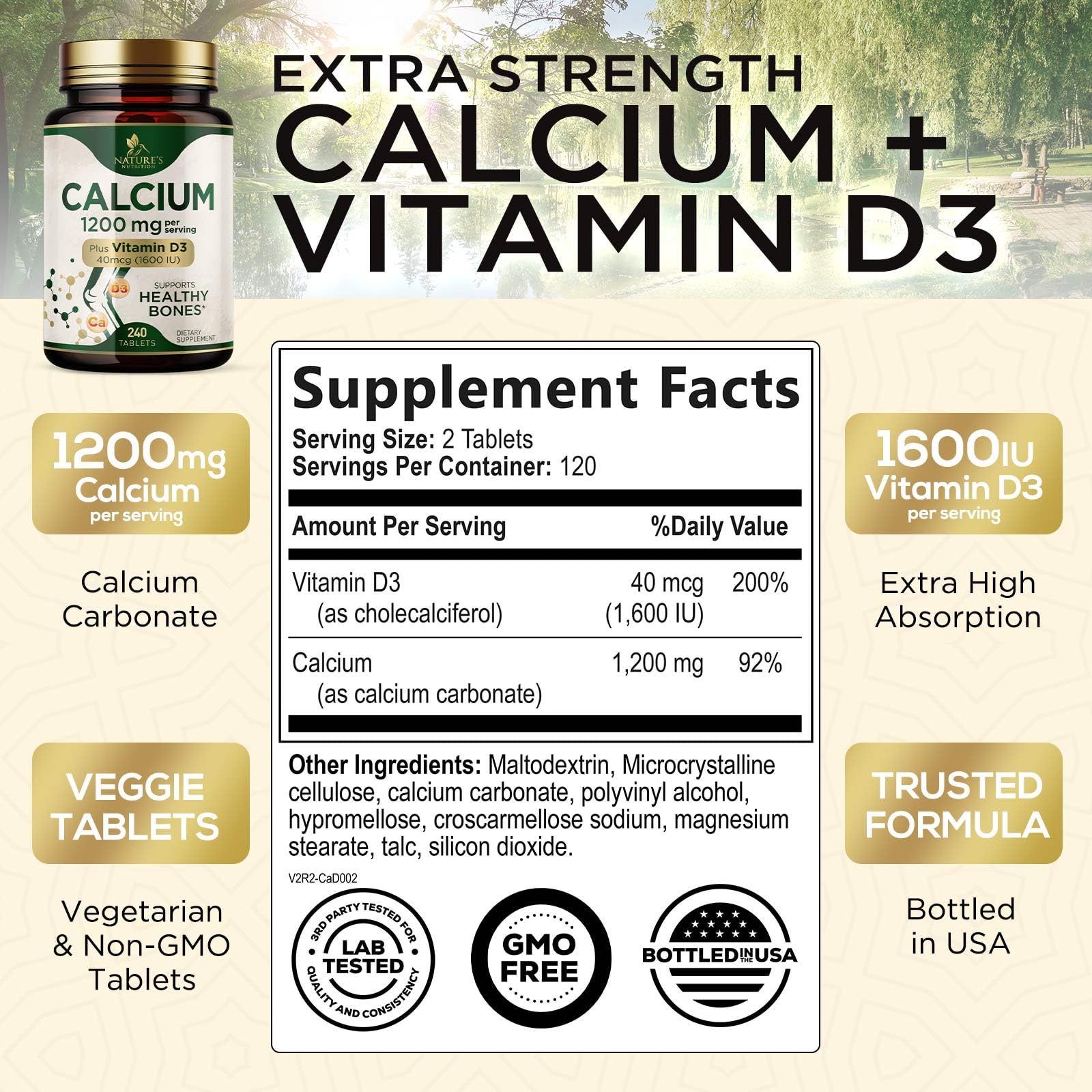 Nature's Nutrition Calcio 1200 mg con D3, pastillas en primer plano