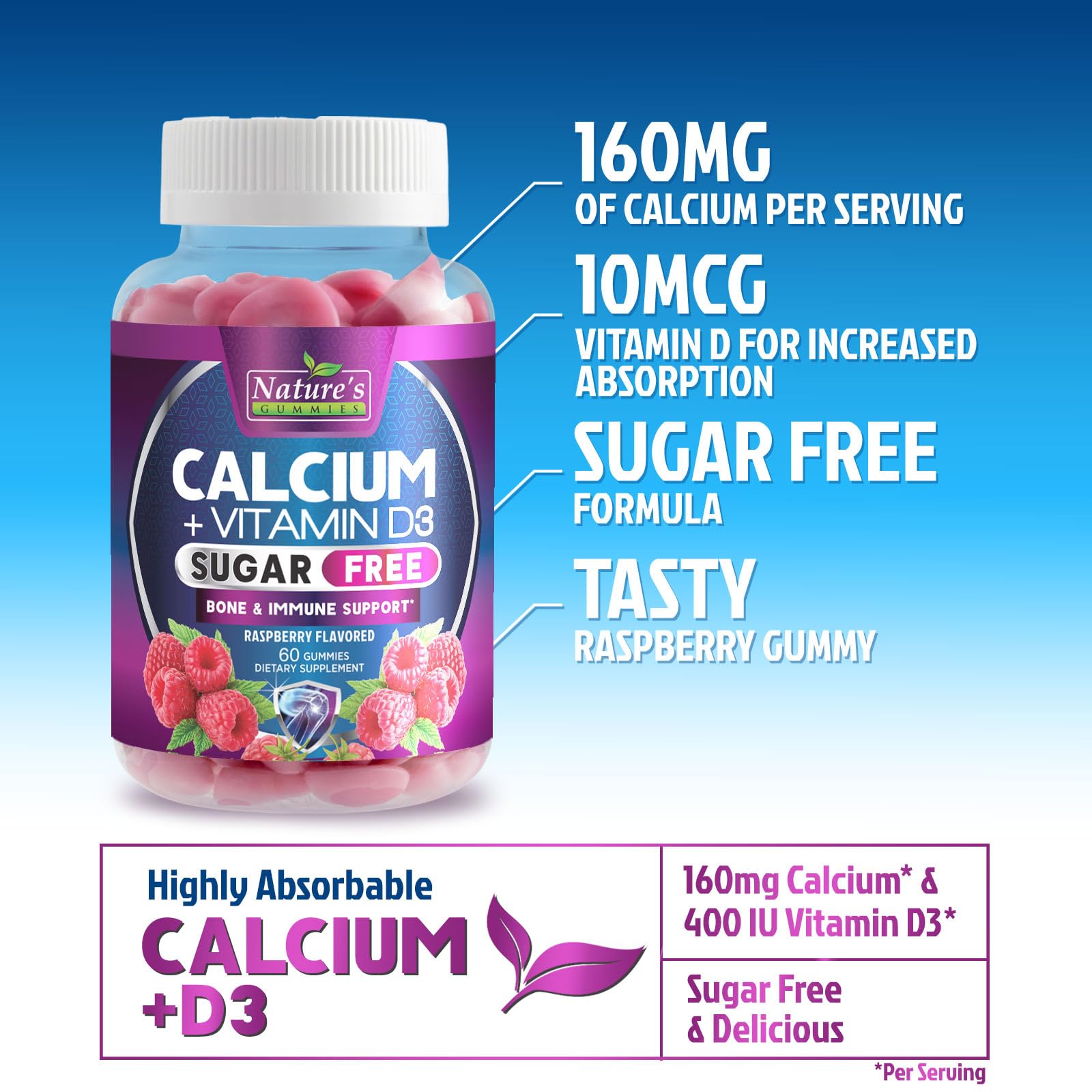 Dosis diaria recomendada Nature's Nutrition calcio gominolas sabor frambuesa