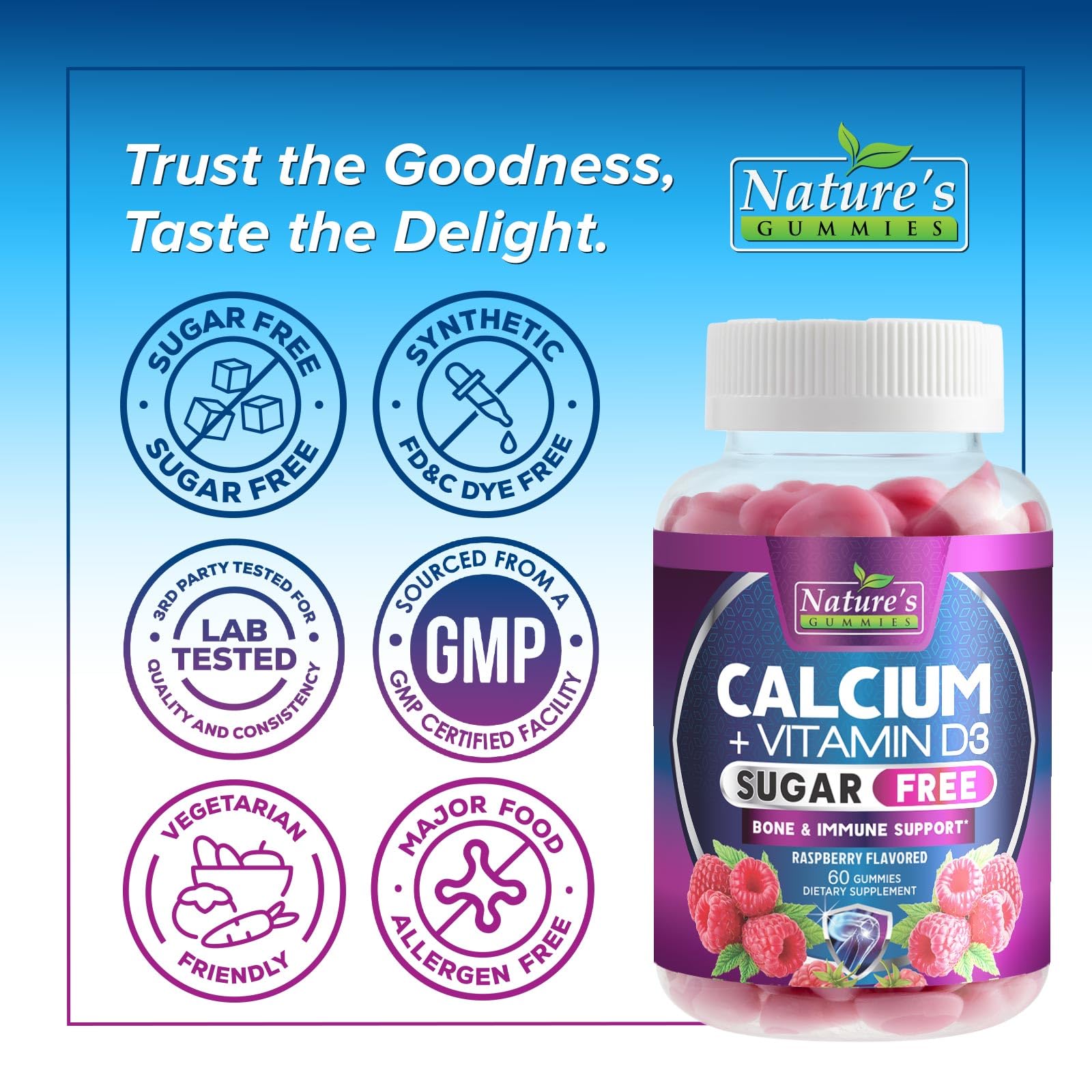 Paquete Nature's Nutrition calcio sabor frambuesa con 60 gomitas listo para usar