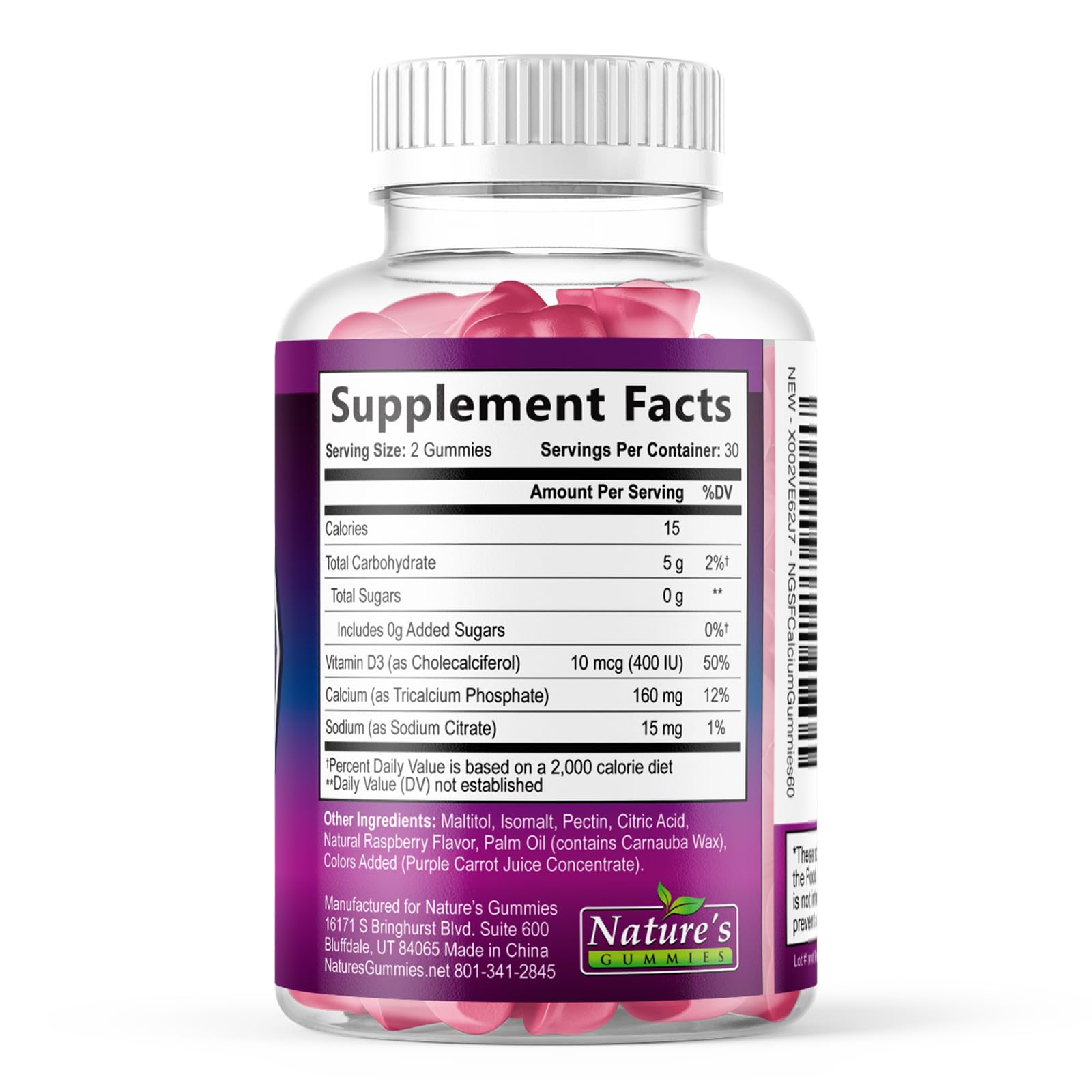 Textura suave Nature's Nutrition calcio gominolas sabor frambuesa lista para masticar