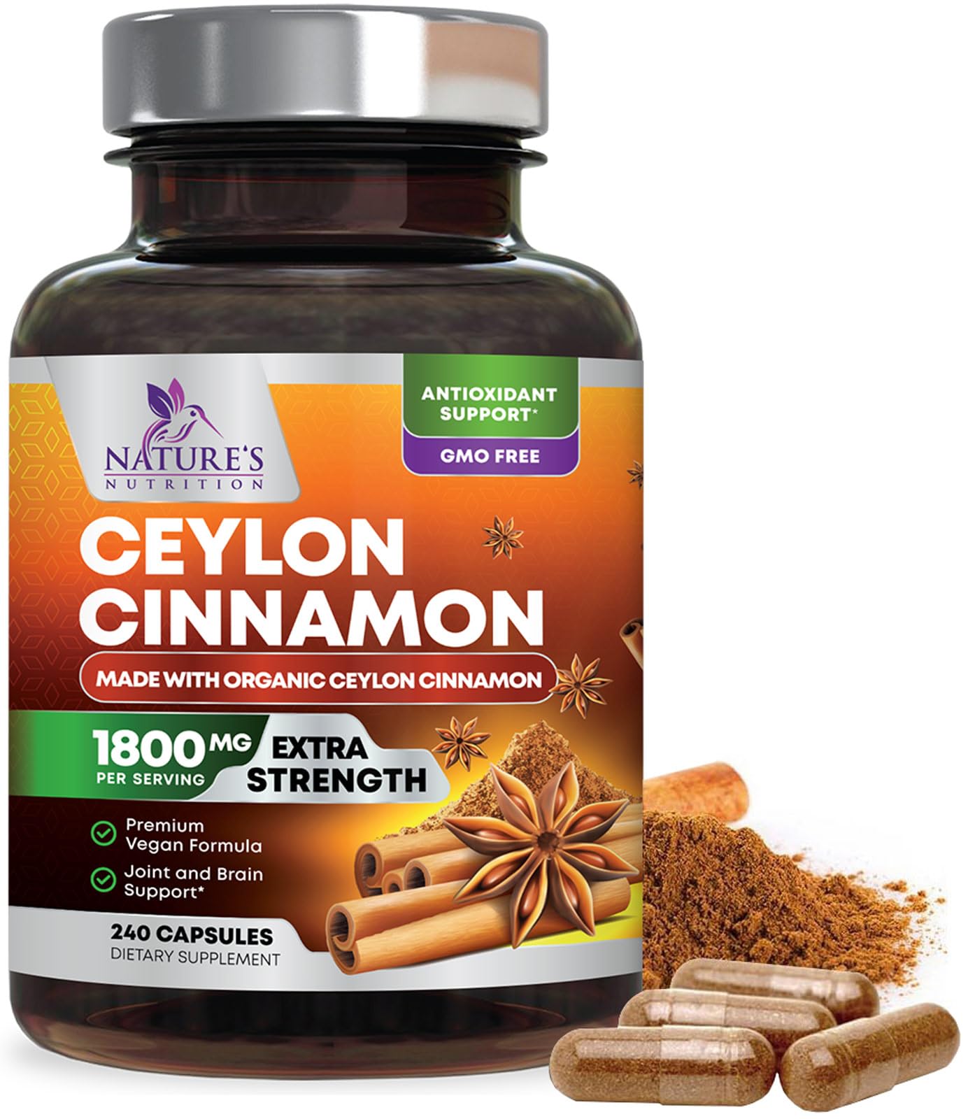 Nature's Nutrition canela Ceylán orgánica, cápsulas, apoyo antioxidante diario.