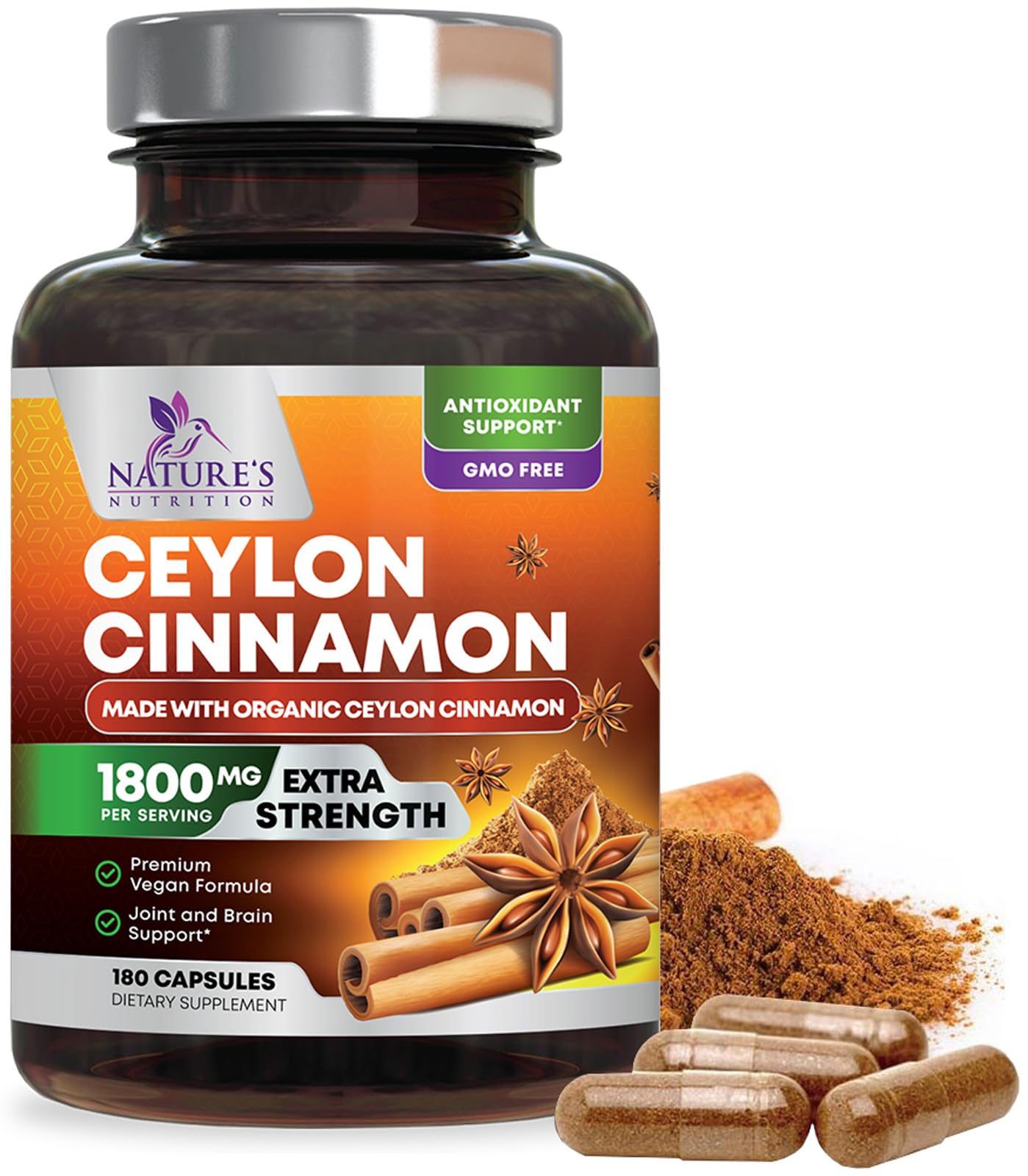 Nature's Nutrition Canela Ceylán orgánica en envase, apoyo antioxidante diario para bienestar general.