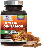 Nature's Nutrition Canela Ceylán orgánica en envase, apoyo antioxidante diario para bienestar general.